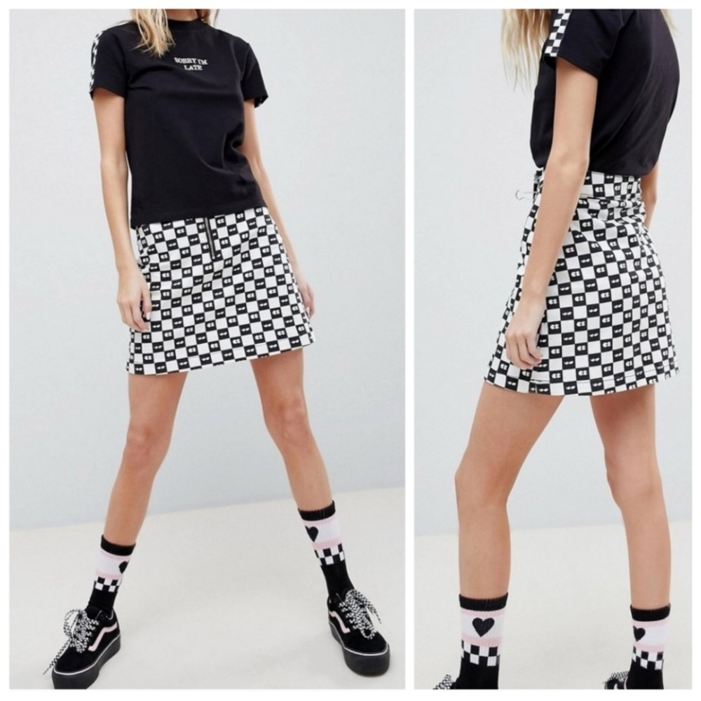 Lazy Oaf × VANS Black and White Checkered Zip Front Skirt